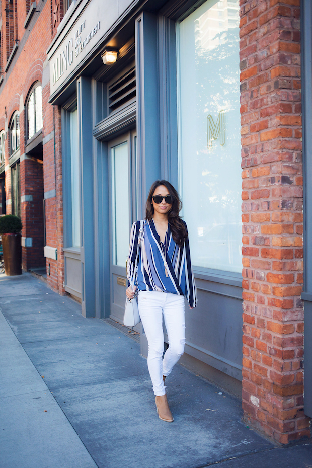 striped blouse, ann taylor, white jeans, vince booties, lo and sons, christine petric, the view from 5 ft. 2